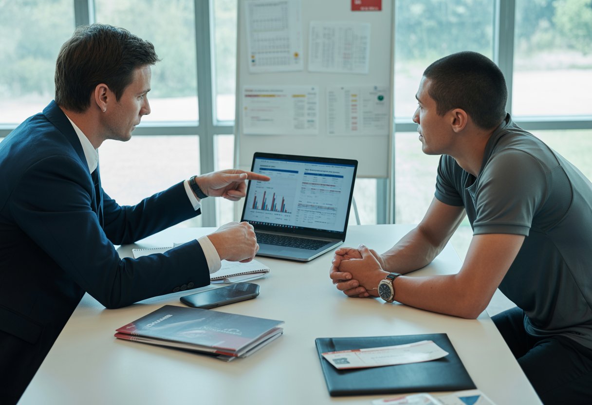 A sports agent and an athlete discussing contract details at a table with travel brochures and documents in a bright office.