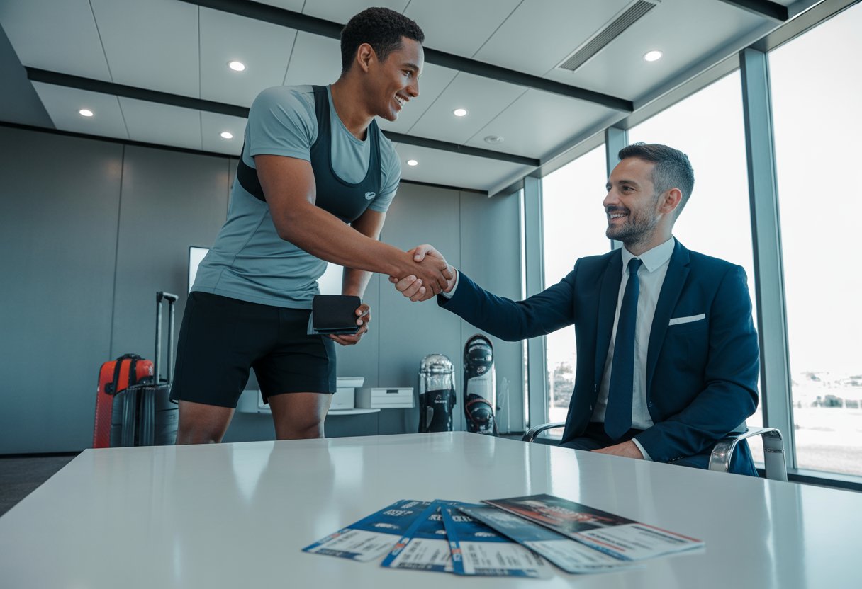 An athlete shaking hands with an event organizer in a modern office with travel documents and hotel brochures on the table.