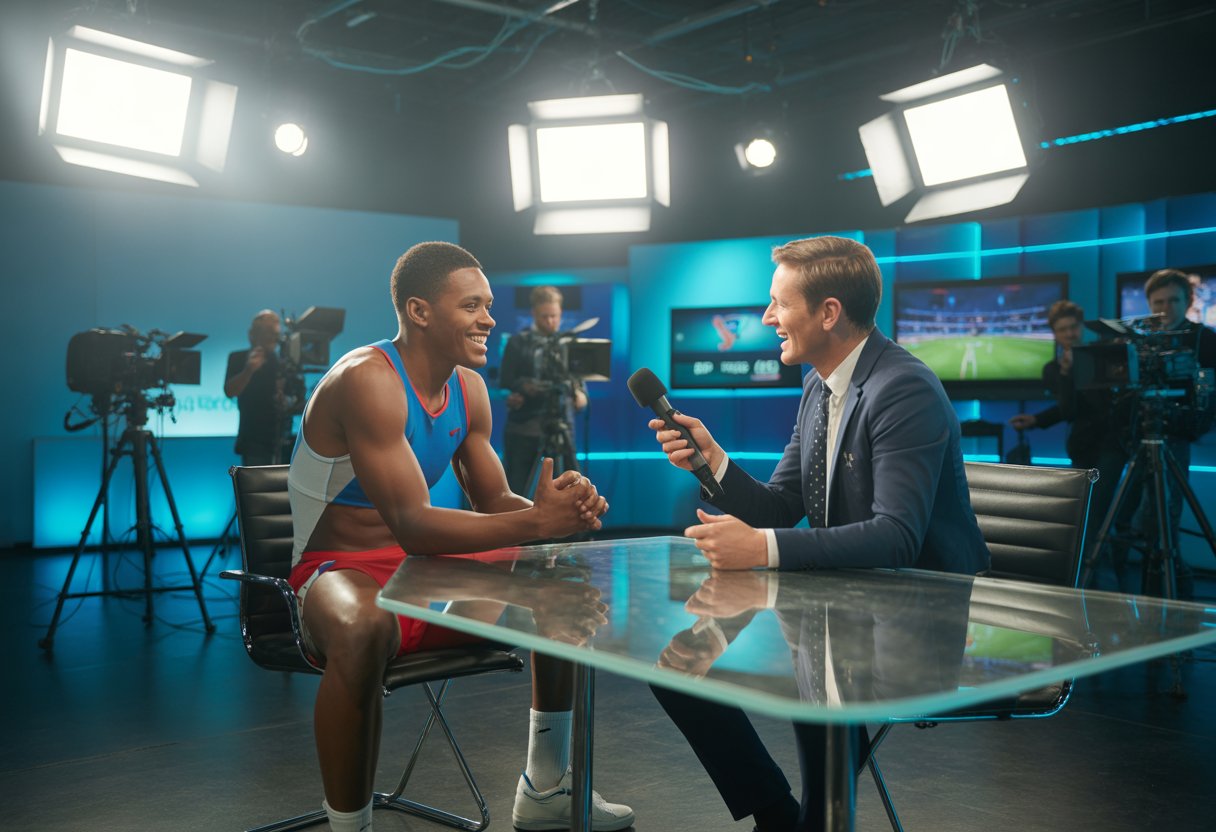 A male athlete being interviewed by a TV host in a television studio with cameras and lights.