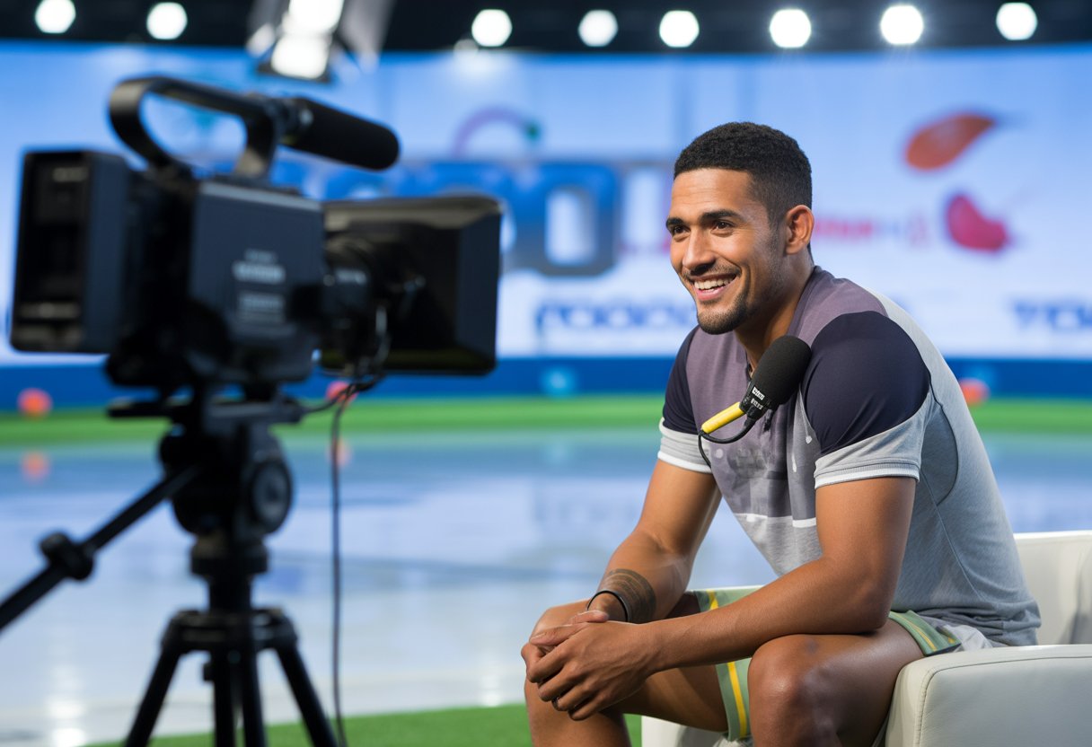 A male athlete smiling during a TV interview in a modern television studio with cameras and studio lights in the background.