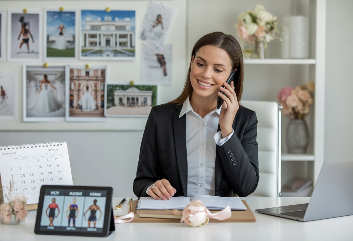 An event planner at a desk coordinating bookings with a laptop and phone, surrounded by wedding and athlete-related materials.