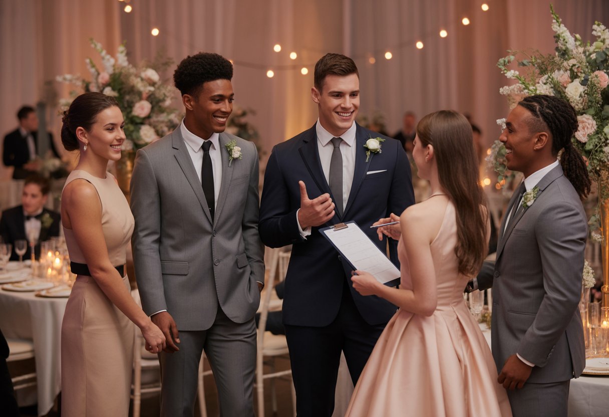 Athletes dressed formally mingling with guests at a wedding reception while an event coordinator discusses details with one athlete.