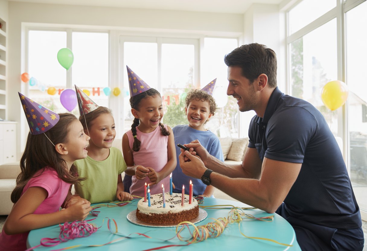 An athlete interacting with children at a birthday party, signing autographs and celebrating around a decorated cake.