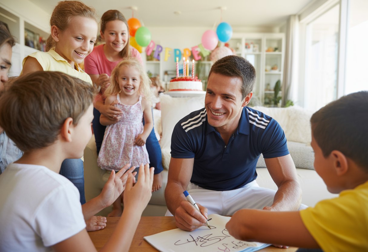 An athlete interacting with children and adults at a lively birthday party with decorations and a cake.