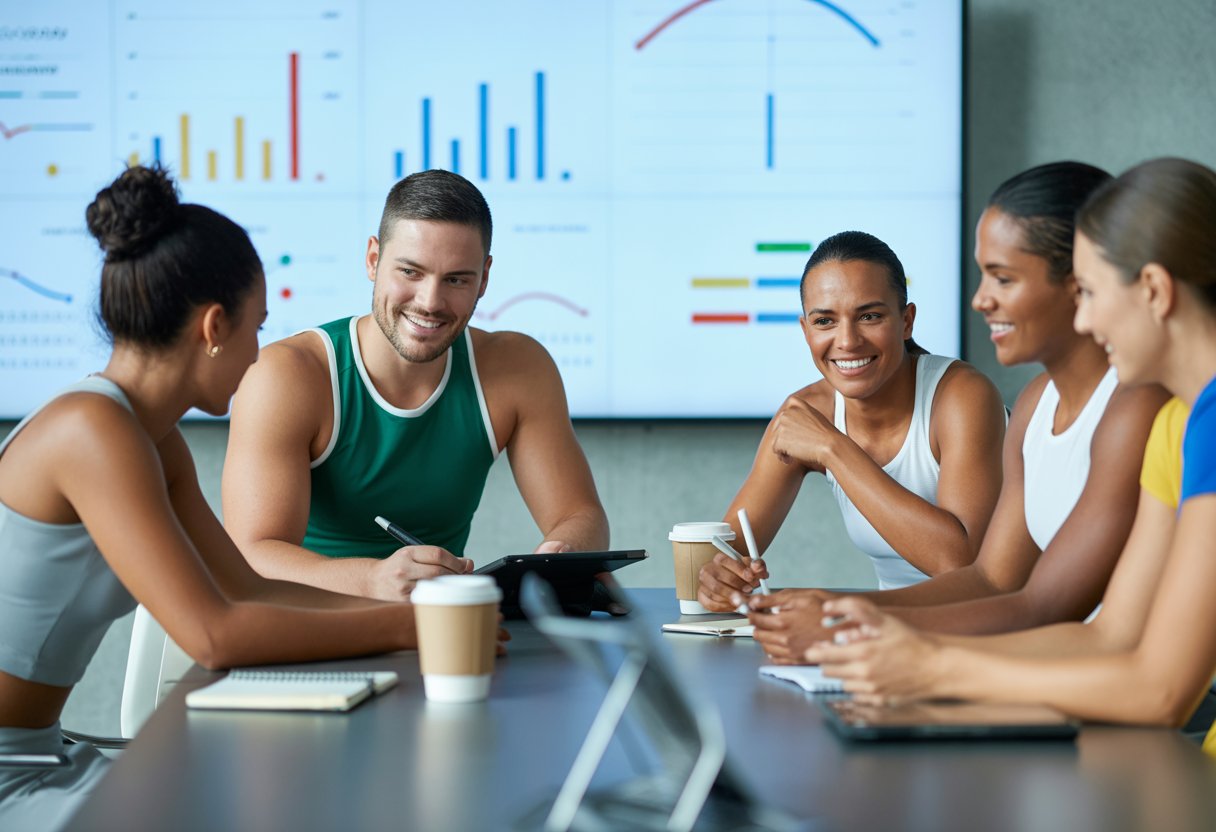 A group of diverse athletes in sportswear sitting around a table in a meeting room, discussing and reviewing charts on a large screen.