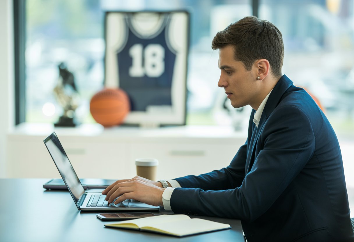A person typing on a laptop at a desk with sports memorabilia in the background.
