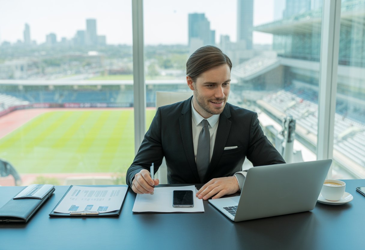 A business professional writing an email at a desk with a laptop, documents, and a cityscape with a sports stadium in the background.