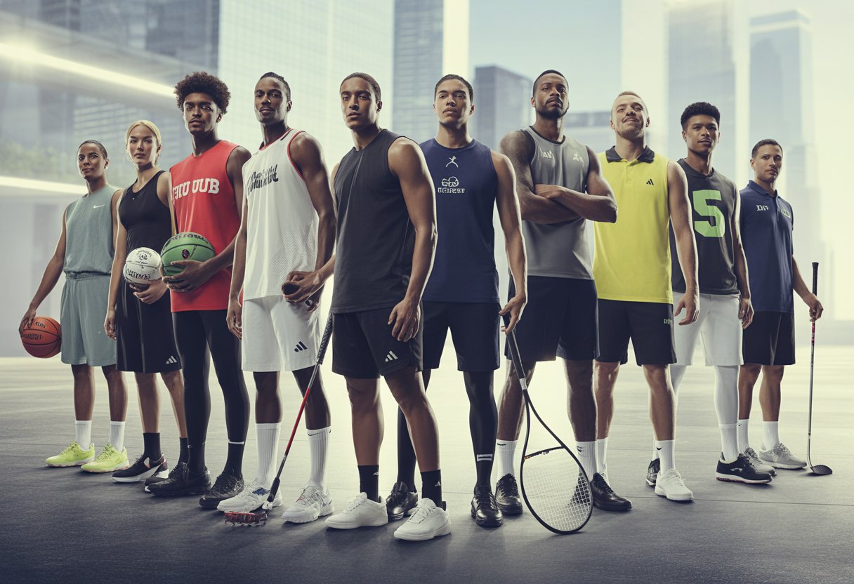 A group of diverse athletes from different sports standing confidently outdoors in a city setting, wearing sports apparel and holding sports equipment.