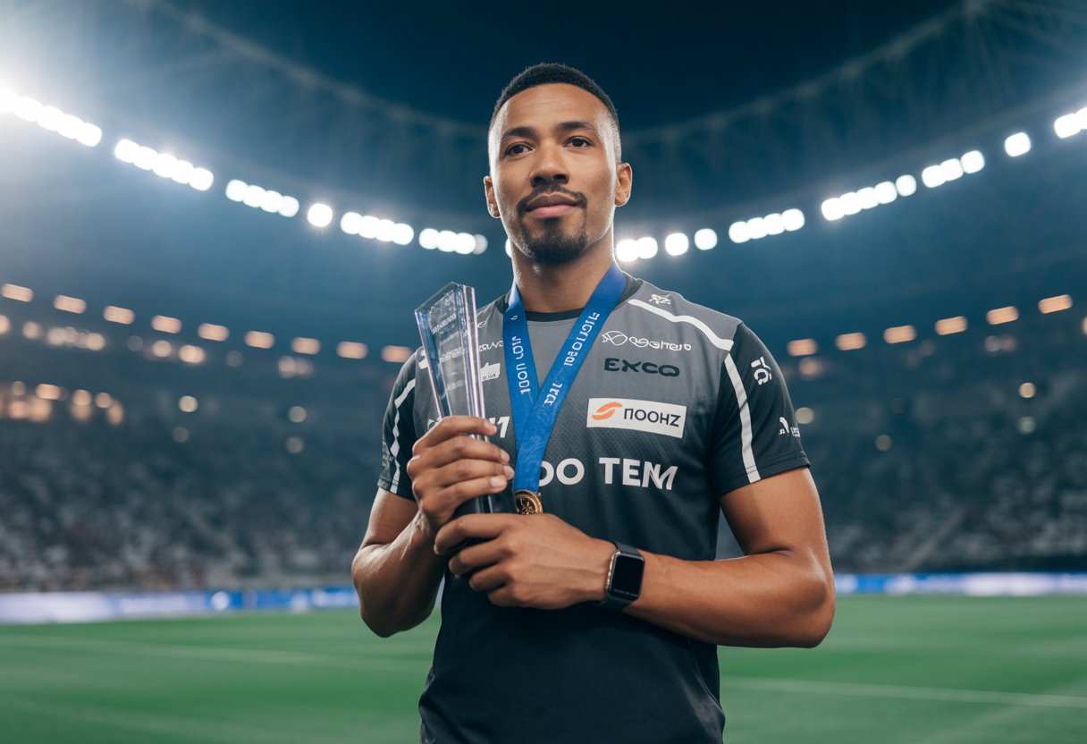 An athlete standing confidently in a sports stadium wearing branded sportswear and holding a trophy.