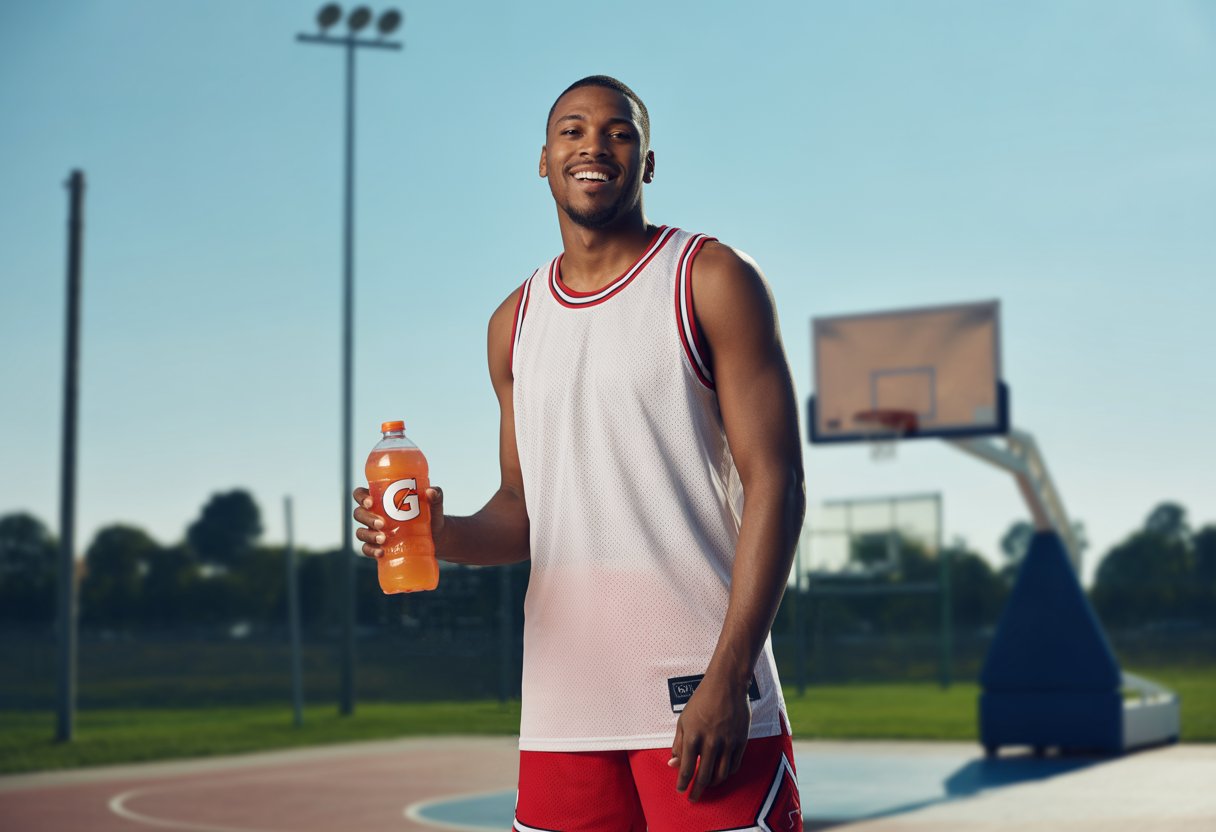 An African American male basketball player holding a bottle of sports drink on an outdoor basketball court.