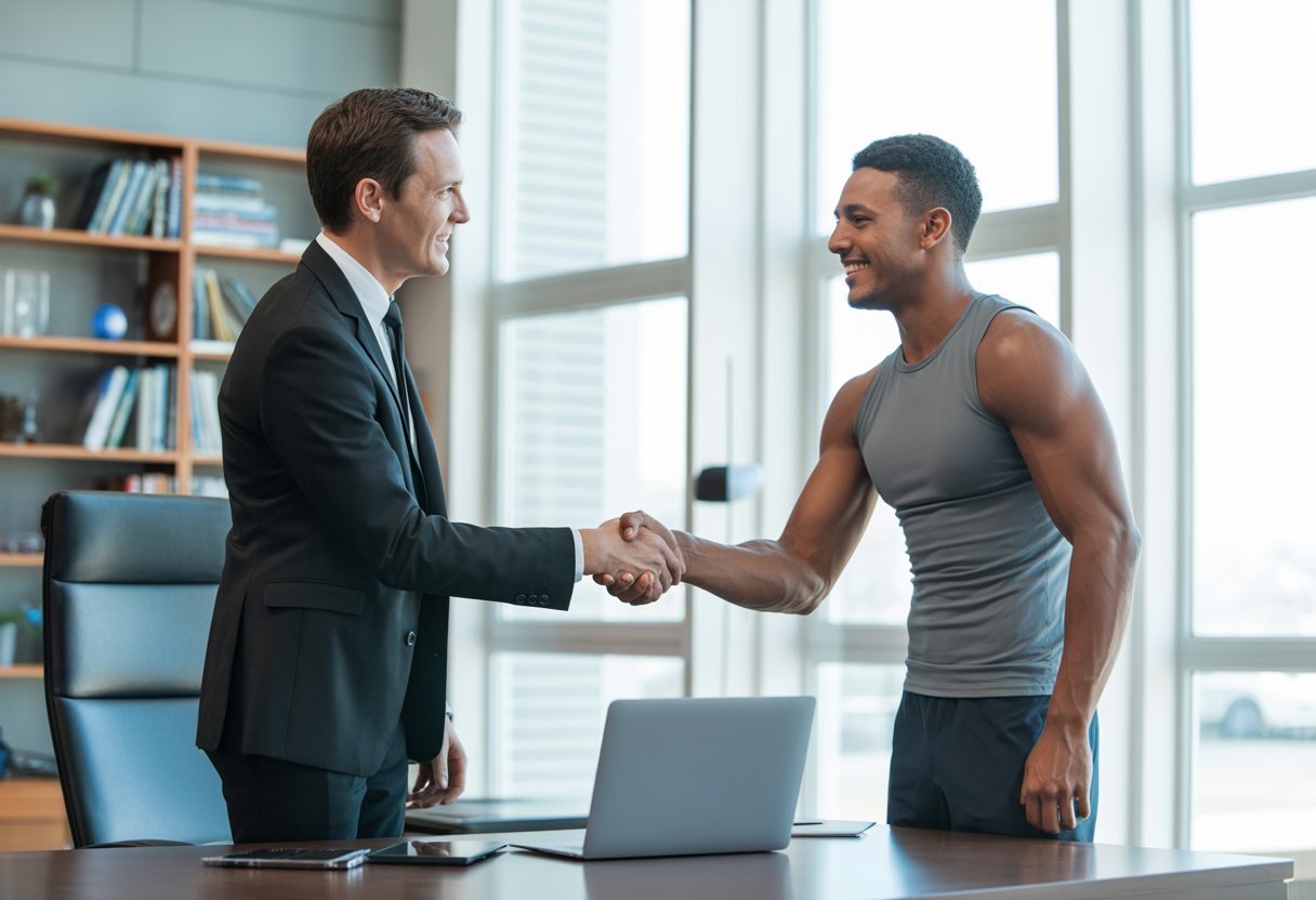 An author shaking hands with an athlete in an office, both smiling and engaged in a friendly meeting.