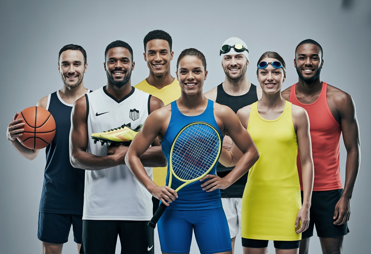 A diverse group of athletes from different sports standing together and smiling in a studio.