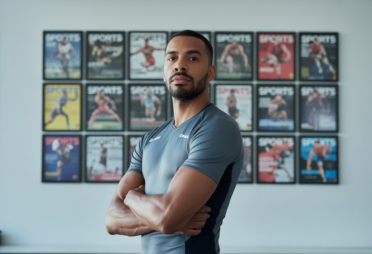 An athlete standing confidently in a sports studio with a wall of framed sports magazine covers behind him.
