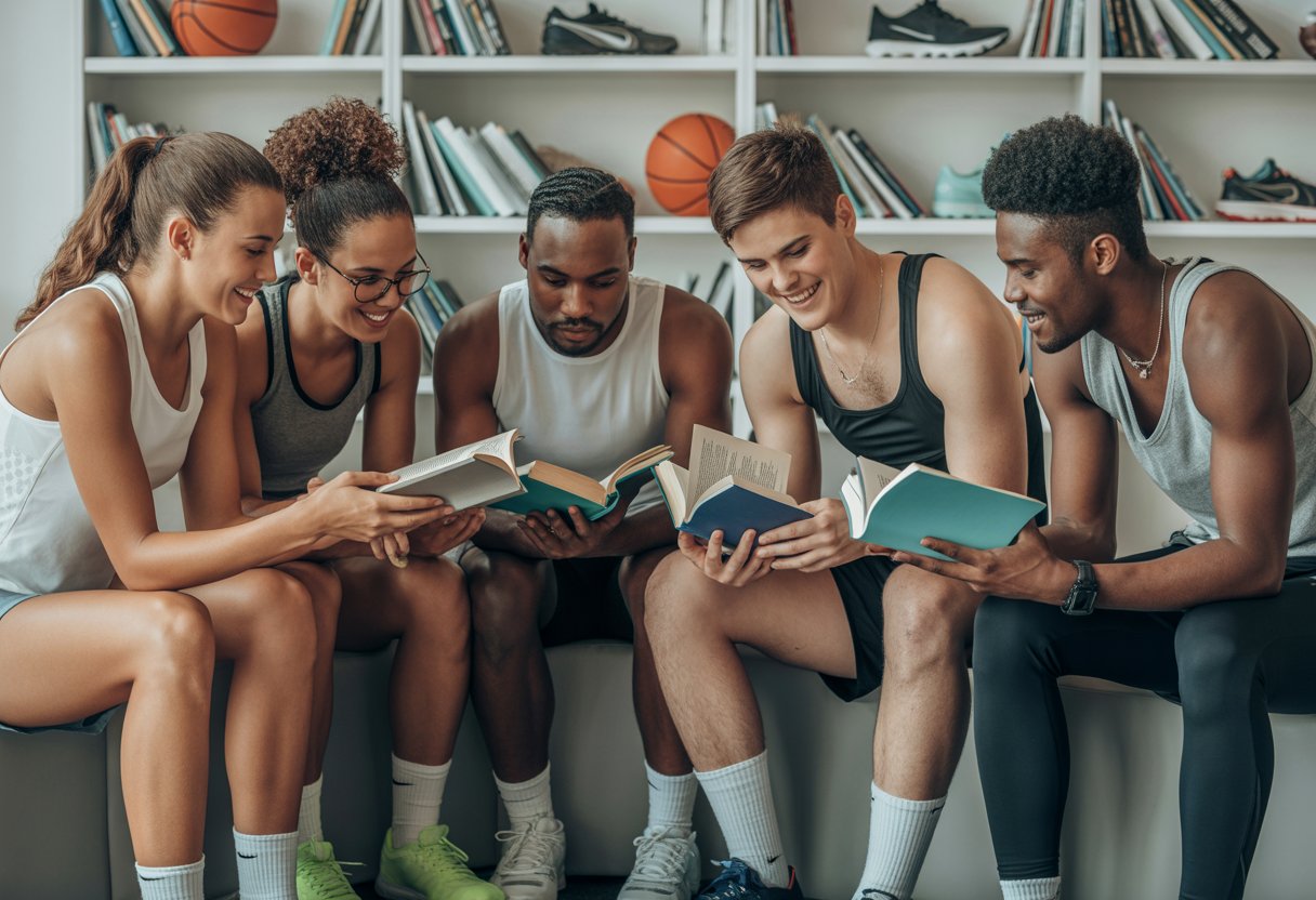 A group of athletes from different sports sitting together in a lounge area, reading books and talking.