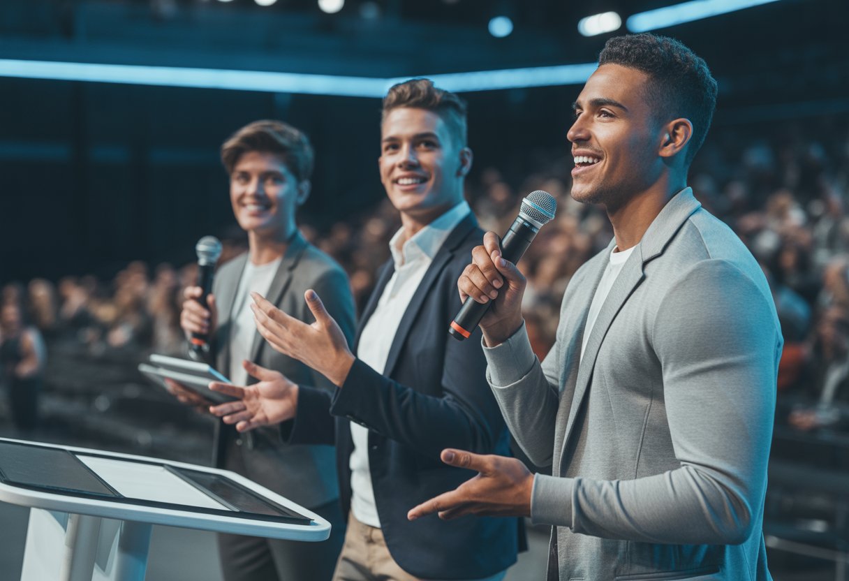 Three athletes standing on a stage speaking to an audience at a professional event.