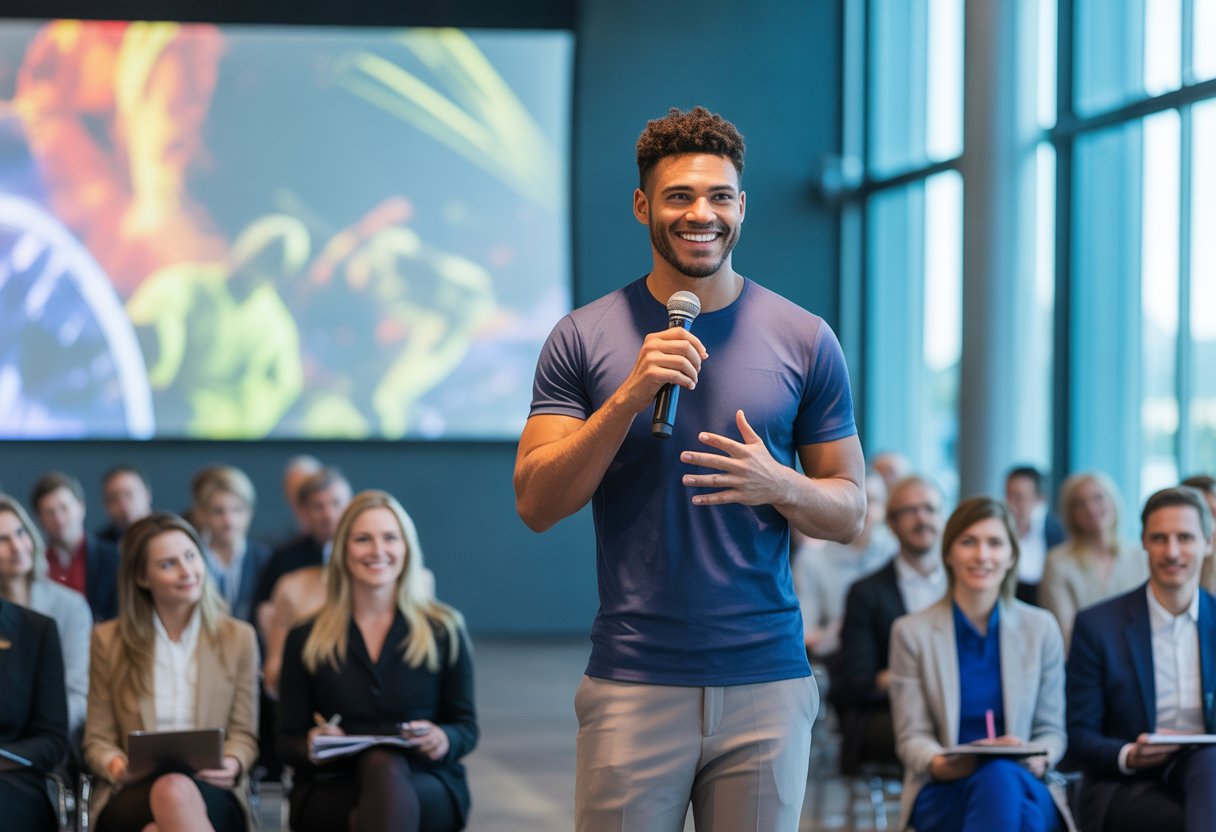 An athlete motivational speaker presenting on stage to an attentive audience in a conference room.