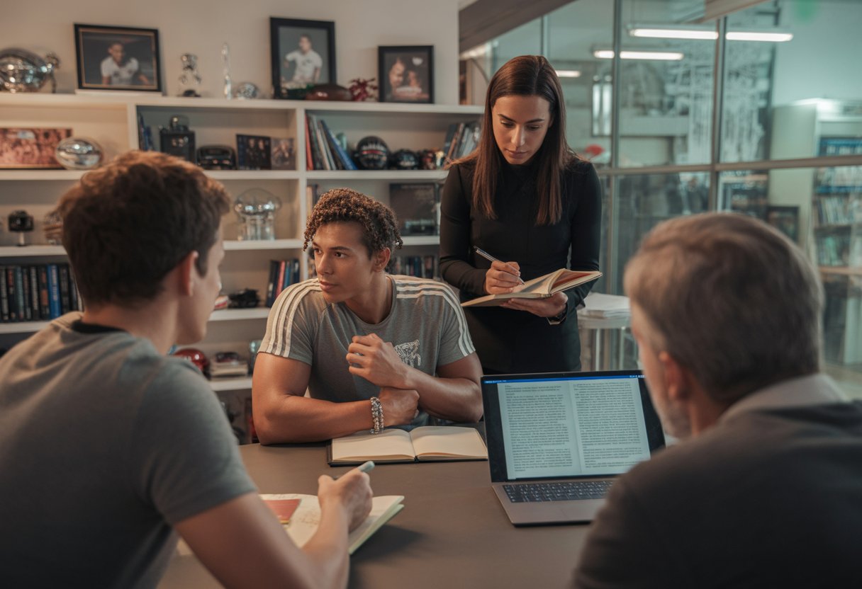 An athlete and a writer working together at a desk surrounded by sports memorabilia and books in a bright office.