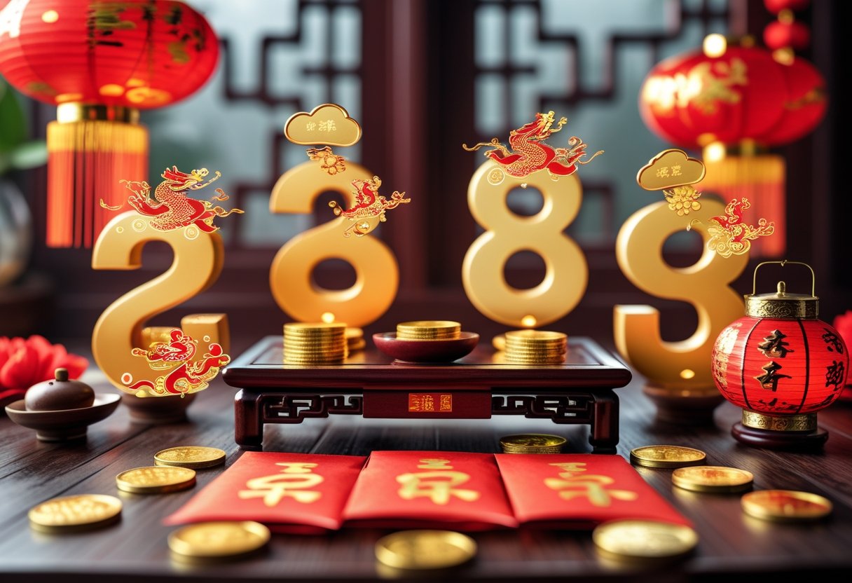 A table with red envelopes, gold coins, jade pendant, and red lantern surrounded by decorative Chinese lucky numbers and traditional motifs.
