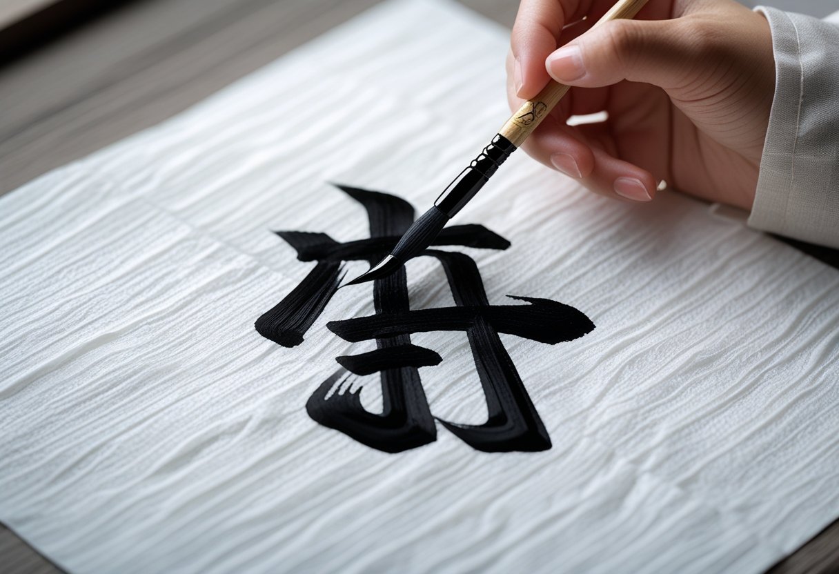 A close-up of a hand painting the Chinese character for the number four on white paper with a calligraphy brush.