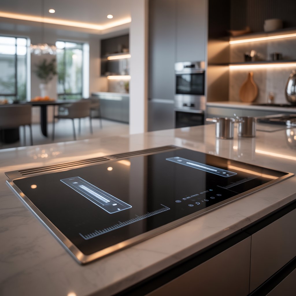 A luxurious modern kitchen with a high-tech cooking surface featuring digital temperature controls and glowing indicators, surrounded by elegant cabinetry and large windows.