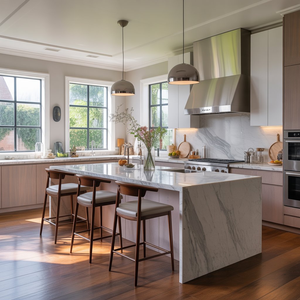 A spacious modern kitchen with a large island, marble countertops, stainless steel appliances, and bright natural lighting.