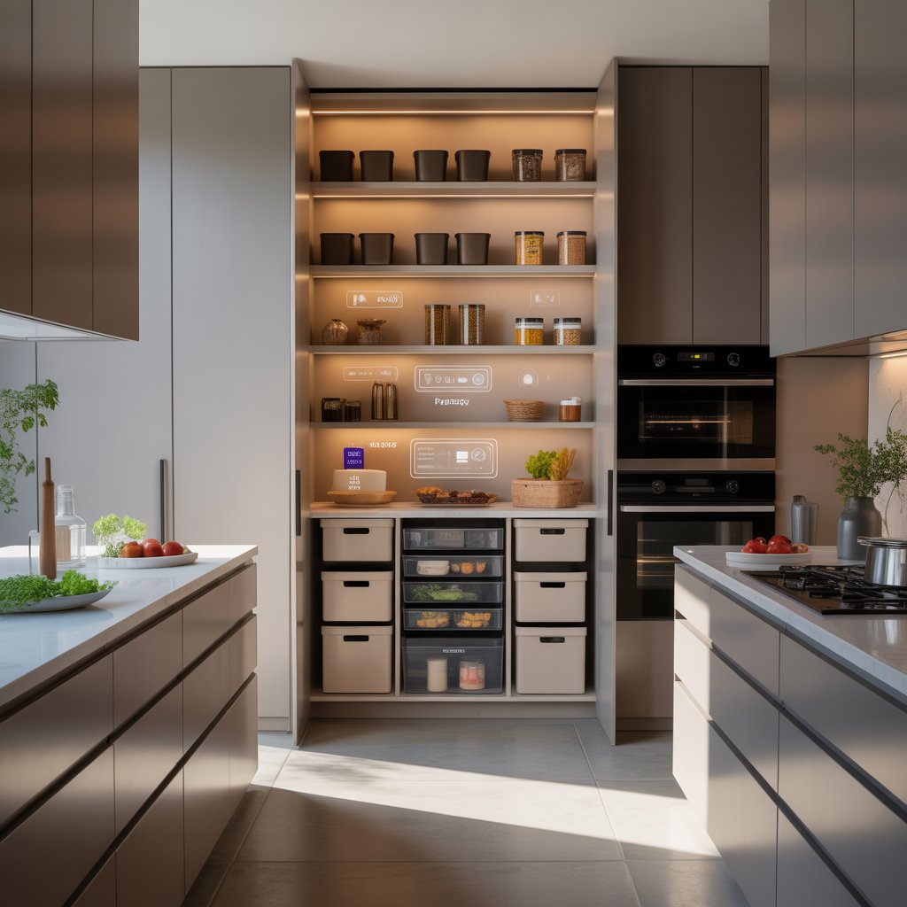 A modern kitchen with organized pantry shelves, sleek cabinets, and high-end appliances, showcasing a clean and well-arranged cooking space.