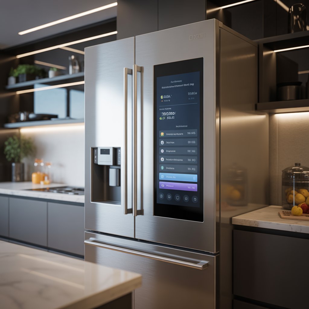 A modern kitchen with a stainless steel refrigerator featuring a digital touchscreen, surrounded by elegant countertops and smart appliances.