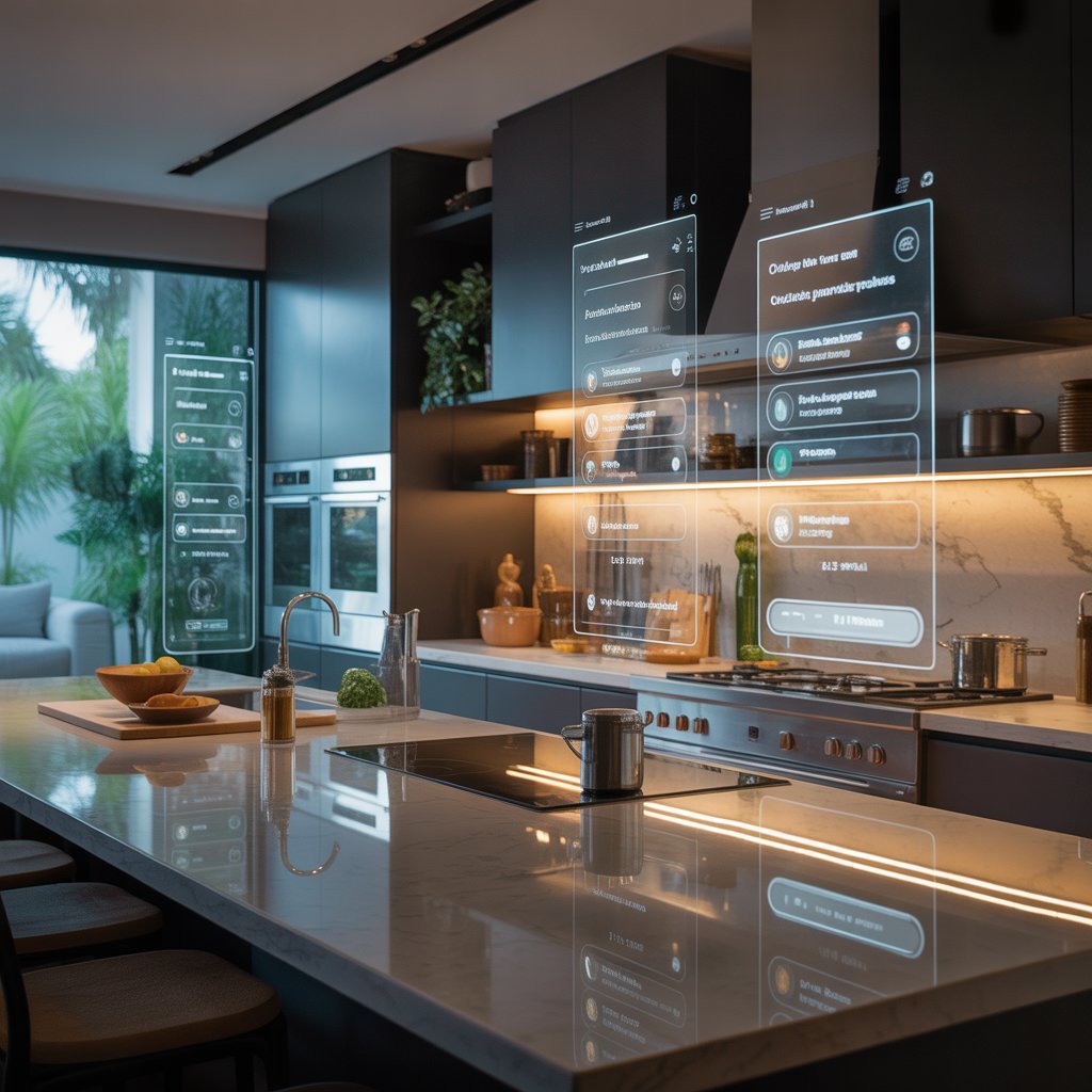 A modern, luxurious kitchen with sleek appliances, ambient lighting, and digital displays showing meal planning interfaces.