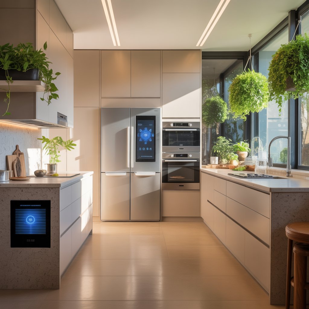 A modern kitchen with sustainable materials, smart appliances, large windows, and green plants.