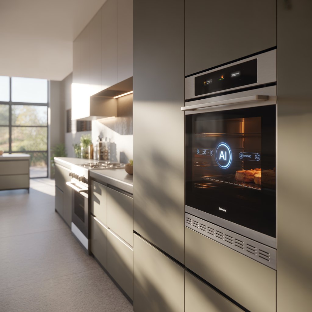 A modern kitchen with a high-tech smart oven integrated into sleek cabinetry, featuring bright natural light and polished countertops.