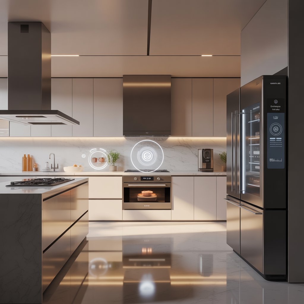 A spacious, modern kitchen with sleek smart appliances and ambient lighting.