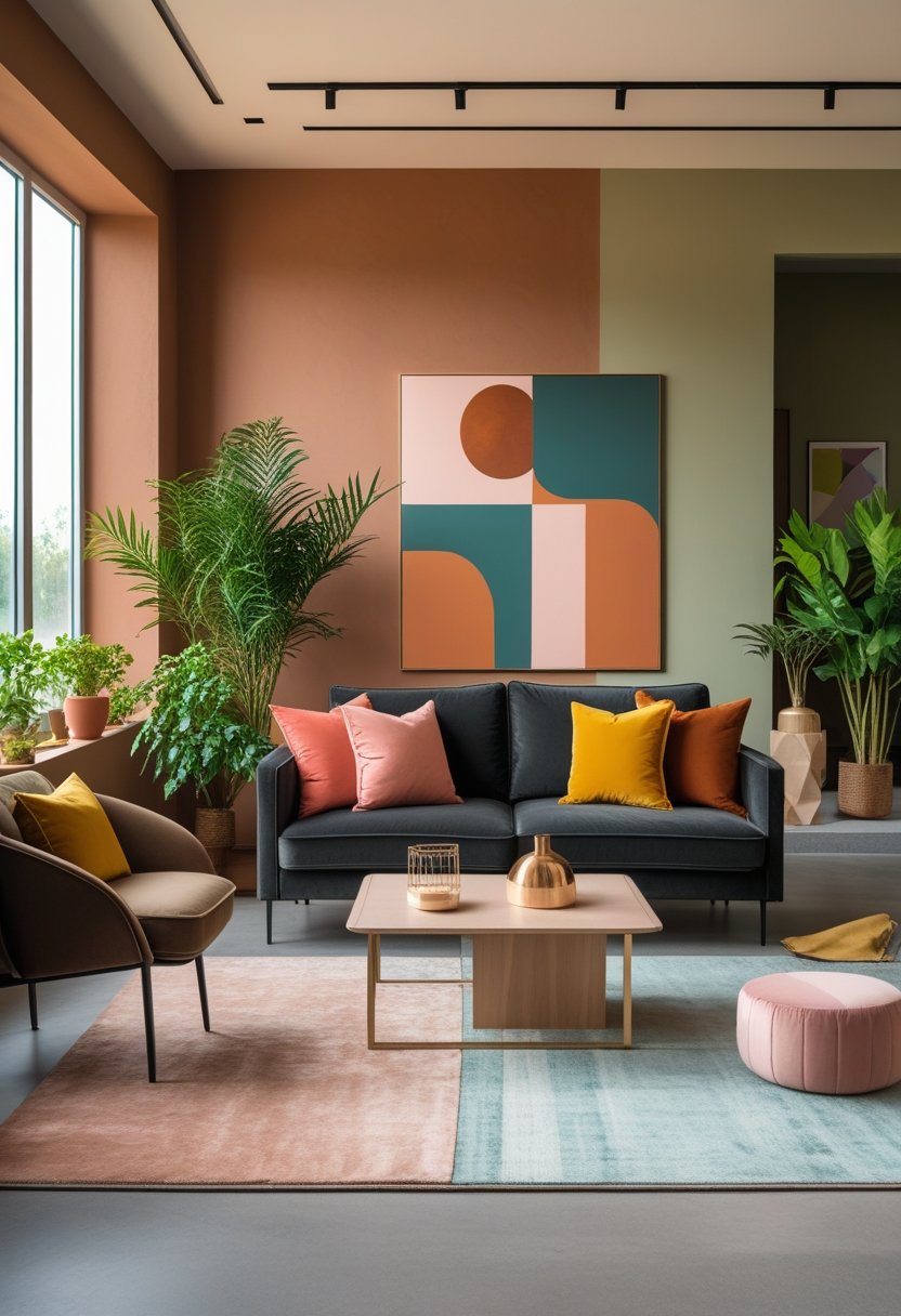 A bright living room with large windows, a gray sofa with colorful pillows, wooden coffee table, plants, and abstract wall art in warm and muted colors.