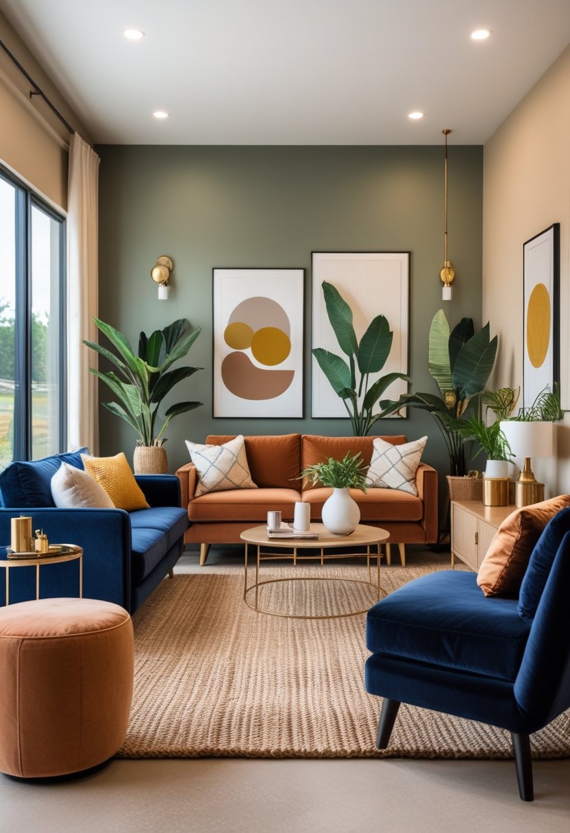 A modern living room with large windows, earth-toned walls, colorful furniture, indoor plants, and decorative accents.
