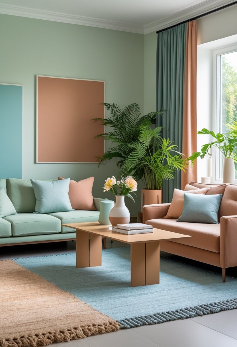 A modern living room with a sofa, coffee table, large windows, indoor plants, and a color scheme of pastel greens, terracotta, blues, and neutrals.