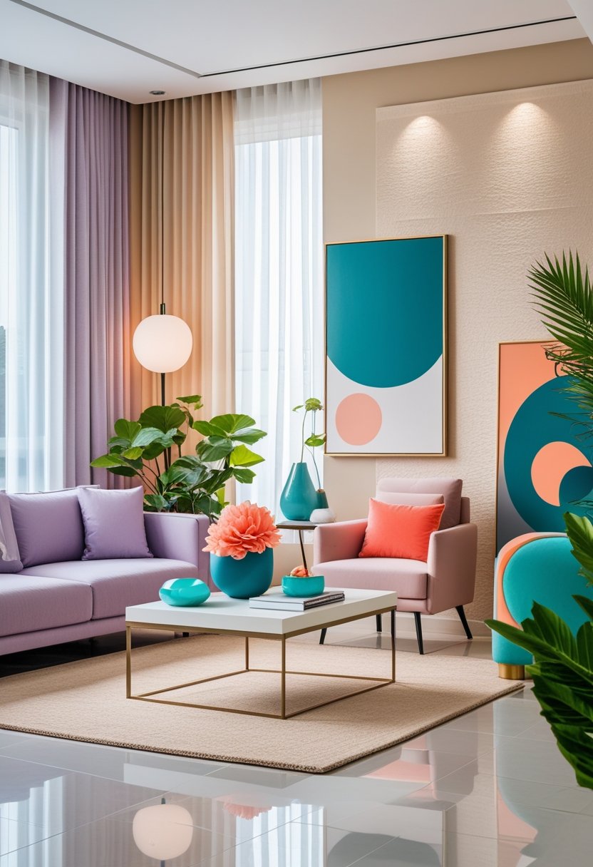 A modern living room with pastel and vibrant accent colors, featuring a sofa, coffee table, plants, and large windows letting in natural light.