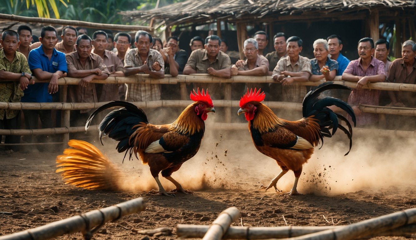Dua ayam jago sedang bertarung di arena terbuka dengan penonton yang memperhatikan dengan serius di sekelilingnya.