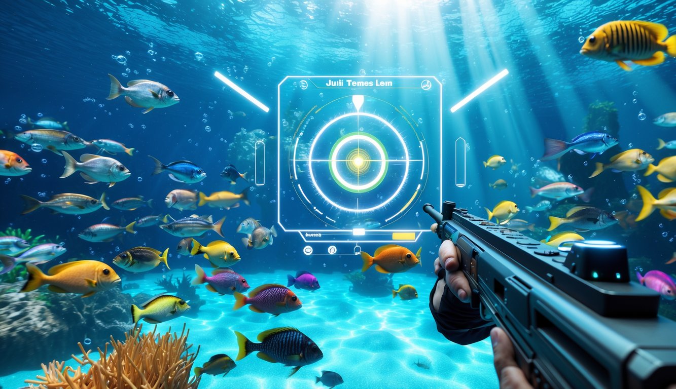 Adegan bawah laut yang penuh ikan berwarna-warni dengan antarmuka permainan digital menampilkan kontrol dan sasaran yang menyala, menggambarkan sensasi permainan tembak ikan.
