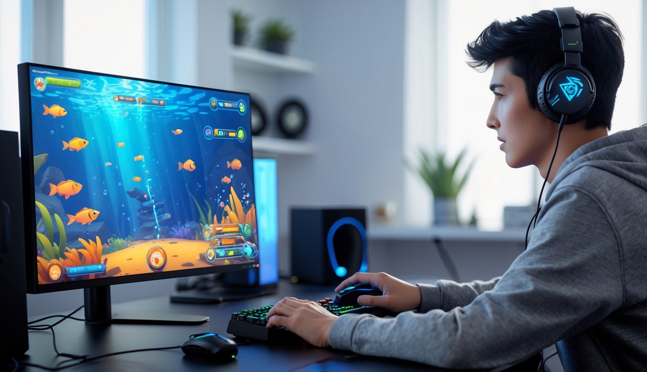 Seorang dewasa muda sedang bermain permainan tembak ikan online di komputer dengan latar ruangan gaming yang rapi dan terang.