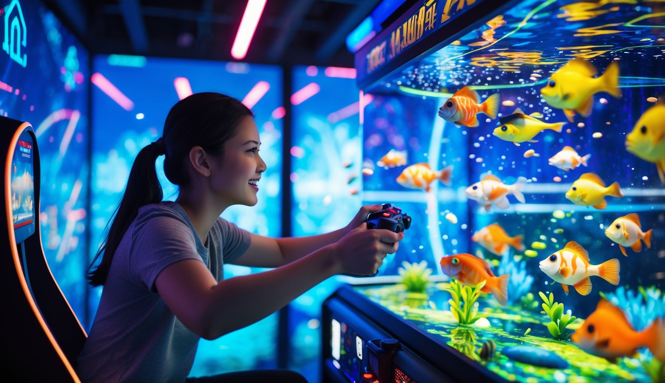 Seorang pemain fokus memegang kontroler di depan layar permainan ikan dengan berbagai ikan berwarna-warni di dalam akuarium digital.