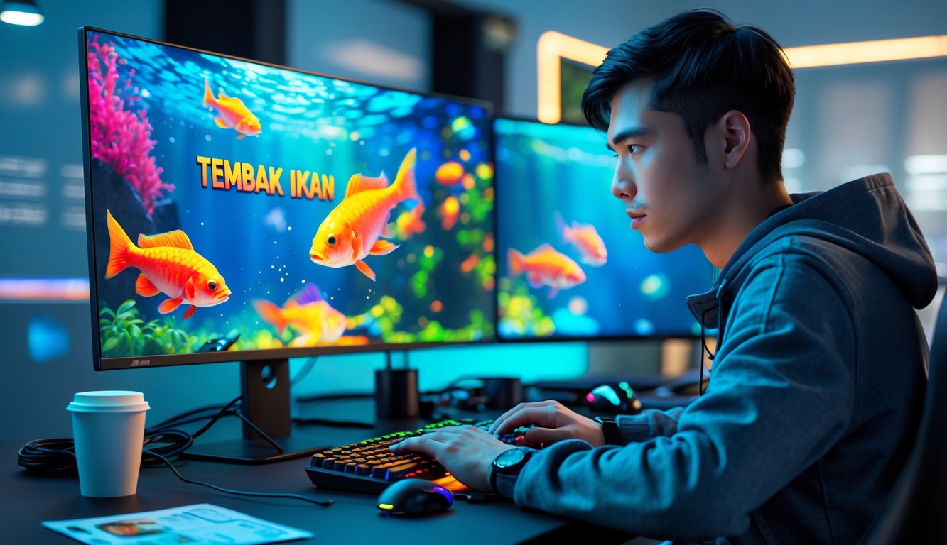 Seorang pria muda fokus bermain game dengan layar komputer menampilkan ikan berwarna-warni di bawah laut.