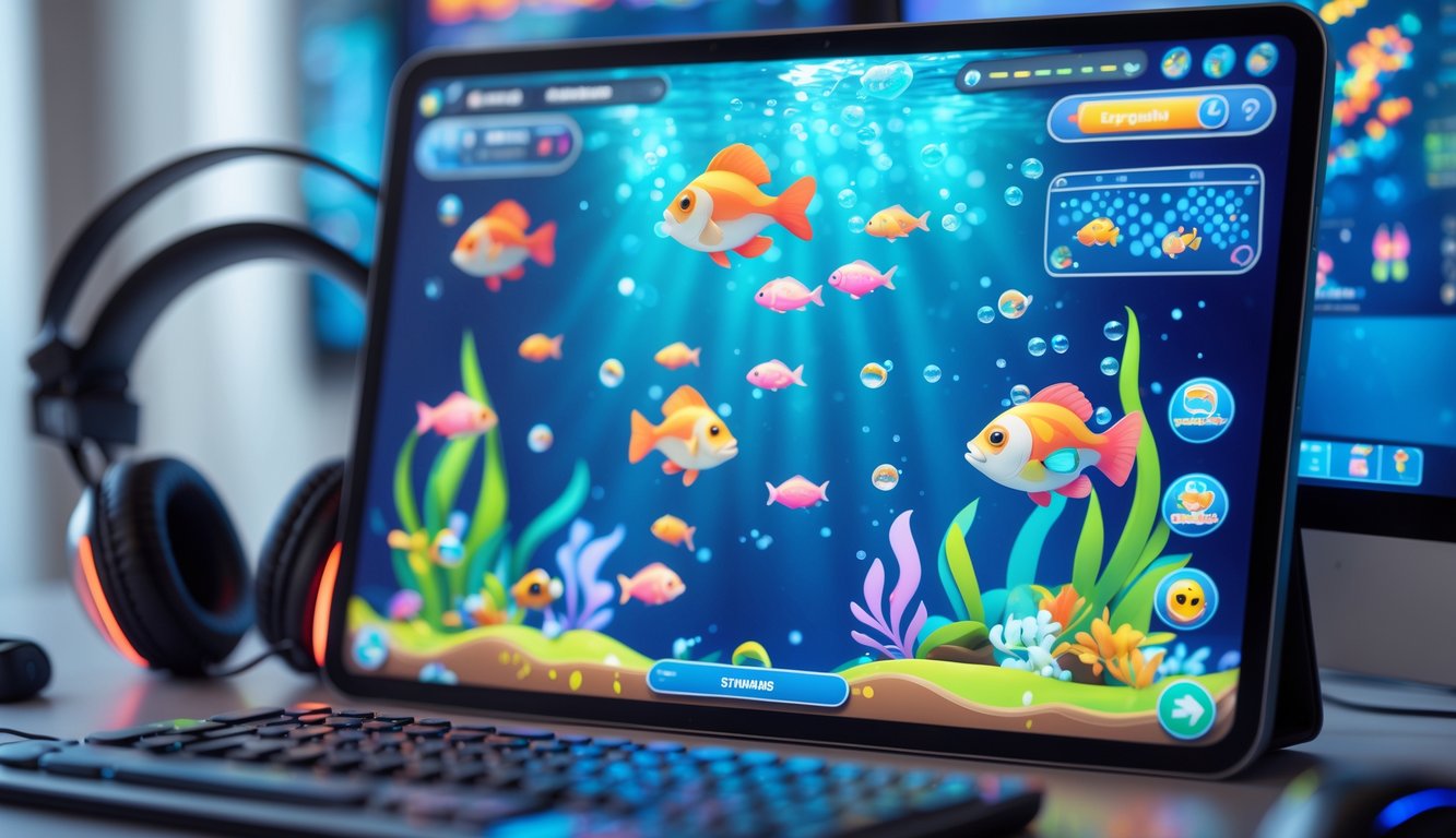 Layar komputer menampilkan permainan tembak ikan arcade klasik dengan visual bawah laut berwarna-warni dan perangkat gaming di sekitar meja.