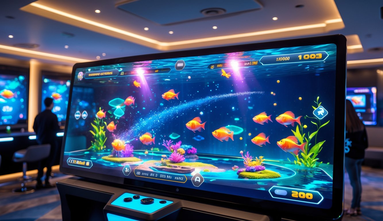 Layar sentuh modern menampilkan permainan judi tembak ikan dengan visual ikan berwarna-warni di lingkungan lounge permainan.