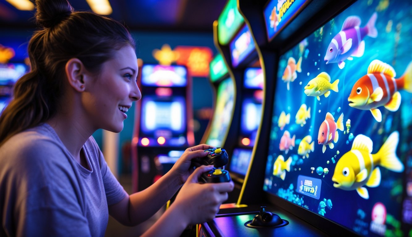 Seorang pemain sedang fokus bermain permainan tembak ikan di arcade dengan layar berwarna cerah dan ikan animasi di layar.