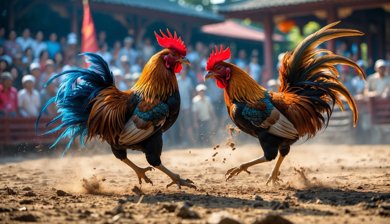 Dua ayam jago sedang bertarung di arena sabung ayam dengan penonton di latar belakang.
