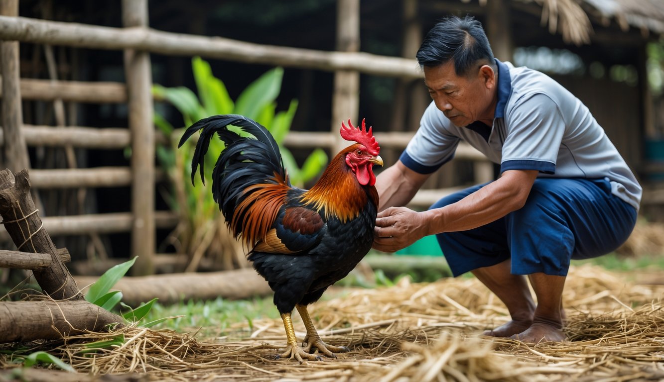 Seorang pelatih memegang seekor ayam petarung yang sehat di lingkungan pedesaan dengan latar belakang tanaman tropis dan pagar kayu.