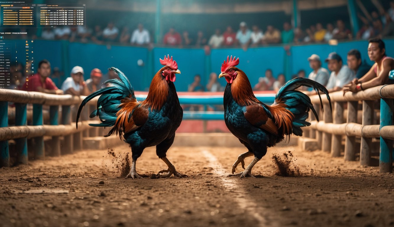 Dua ayam jago sedang bertarung di arena dengan penonton yang memperhatikan dan menganalisis pertarungan.