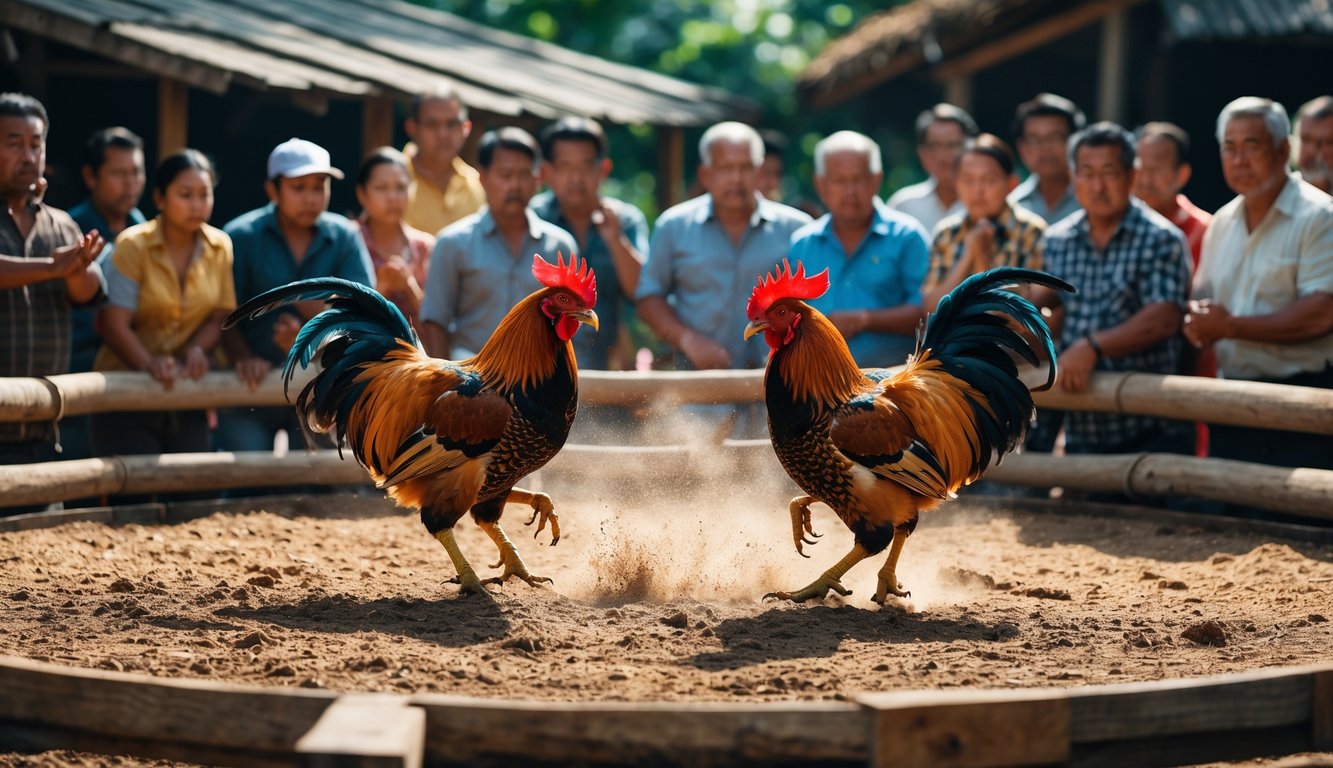 Dua ayam jago sedang bertarung di arena melingkar dengan penonton yang memperhatikan di sekelilingnya.