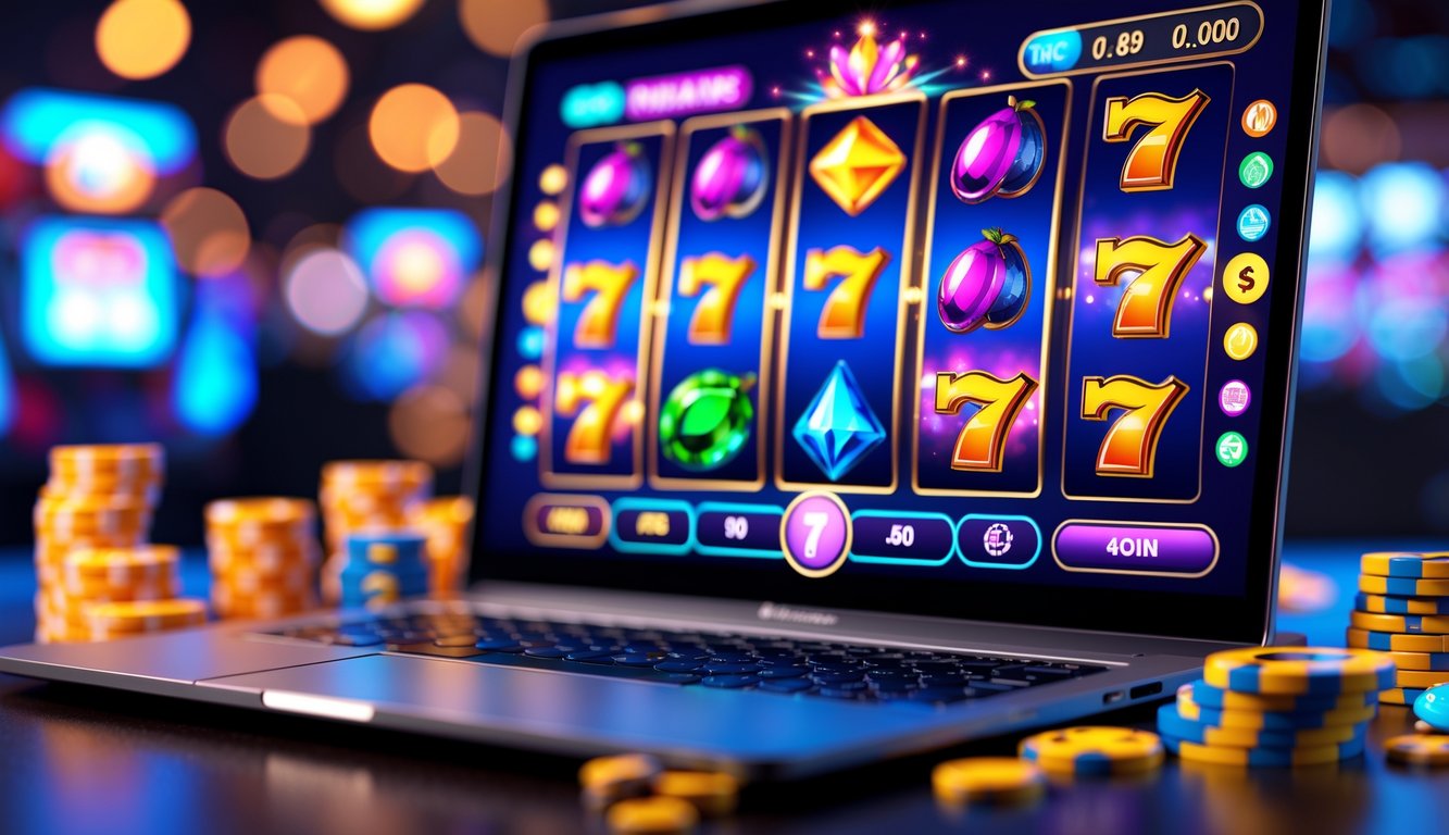 Tampilan komputer dengan permainan mesin slot online berwarna-warni di layar, dikelilingi oleh chip kasino dan lampu neon.