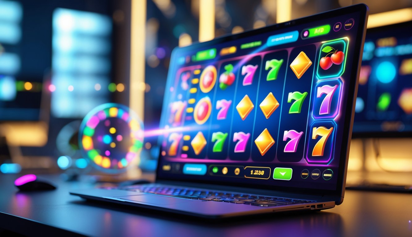 Sebuah komputer modern menampilkan permainan slot online dengan grafik warna-warni dan latar belakang ruang permainan yang nyaman.