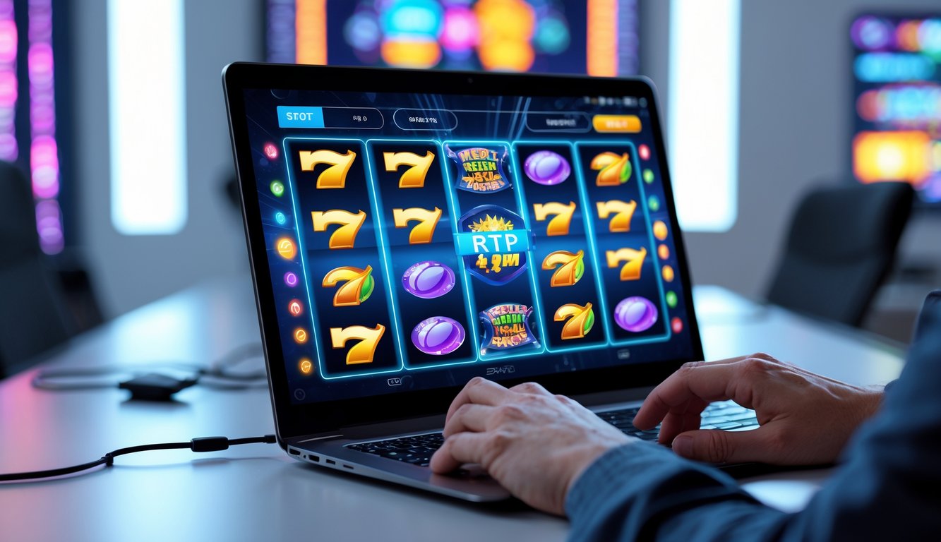 Seseorang menggunakan komputer dengan layar menampilkan permainan slot online modern yang berwarna-warni dan menarik.